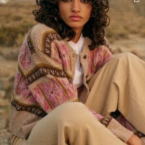 Sezane Pink and Brown Cardigan Antonin Sweater